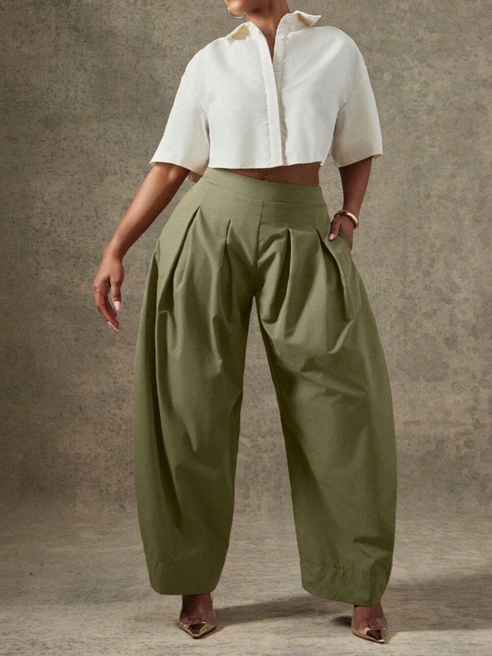 Olive Green Casual Women's High Waist Pleated Detail Barrel Leg Office Pants - Picture 2 of 5